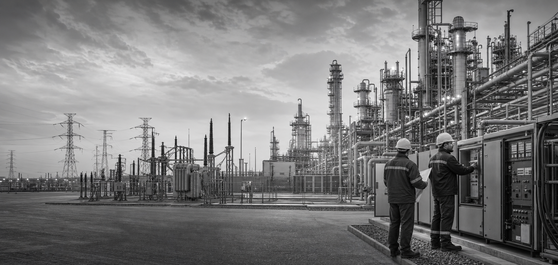 Oil facilities, power infrastructure, substations, and engineers